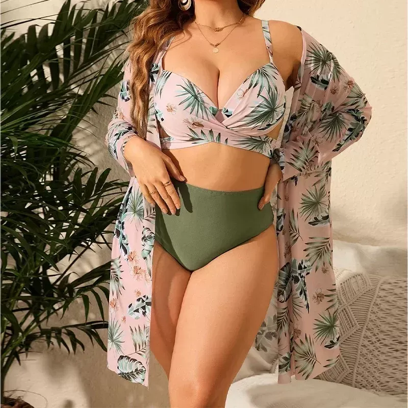 DHgate Plus Size 3 Piece Bikini Set Sexy High Waisted Swimwear for Women Apparel