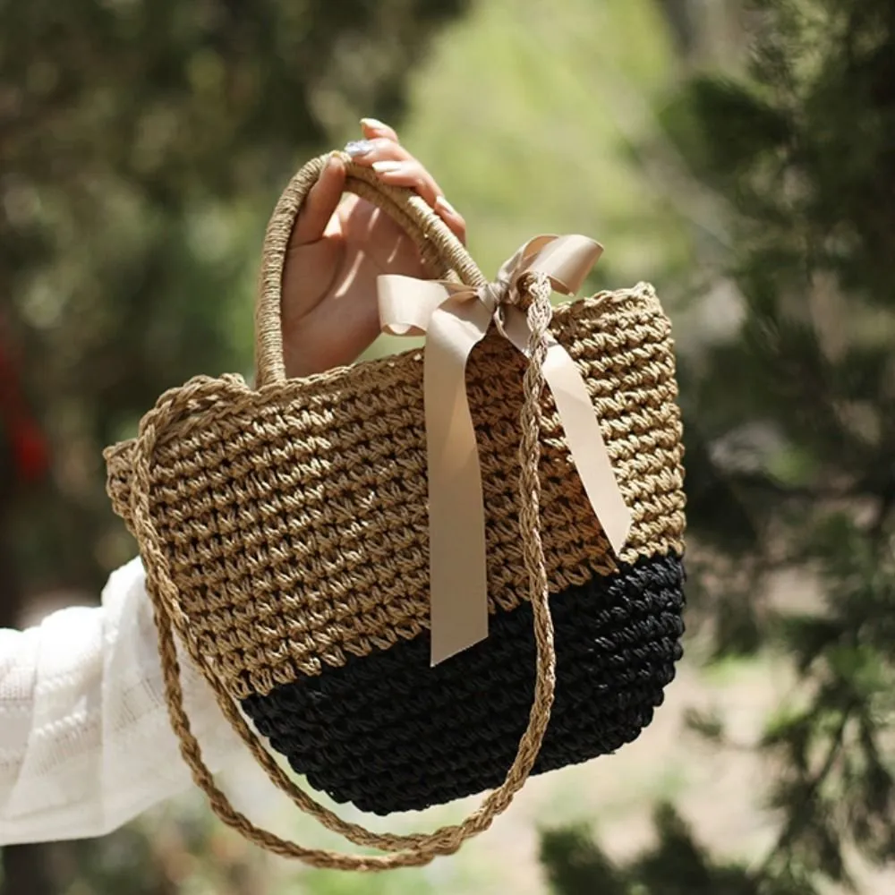 Stylish Straw Tote Bag Handmade Beach Knitted Handbag with Bowknot
