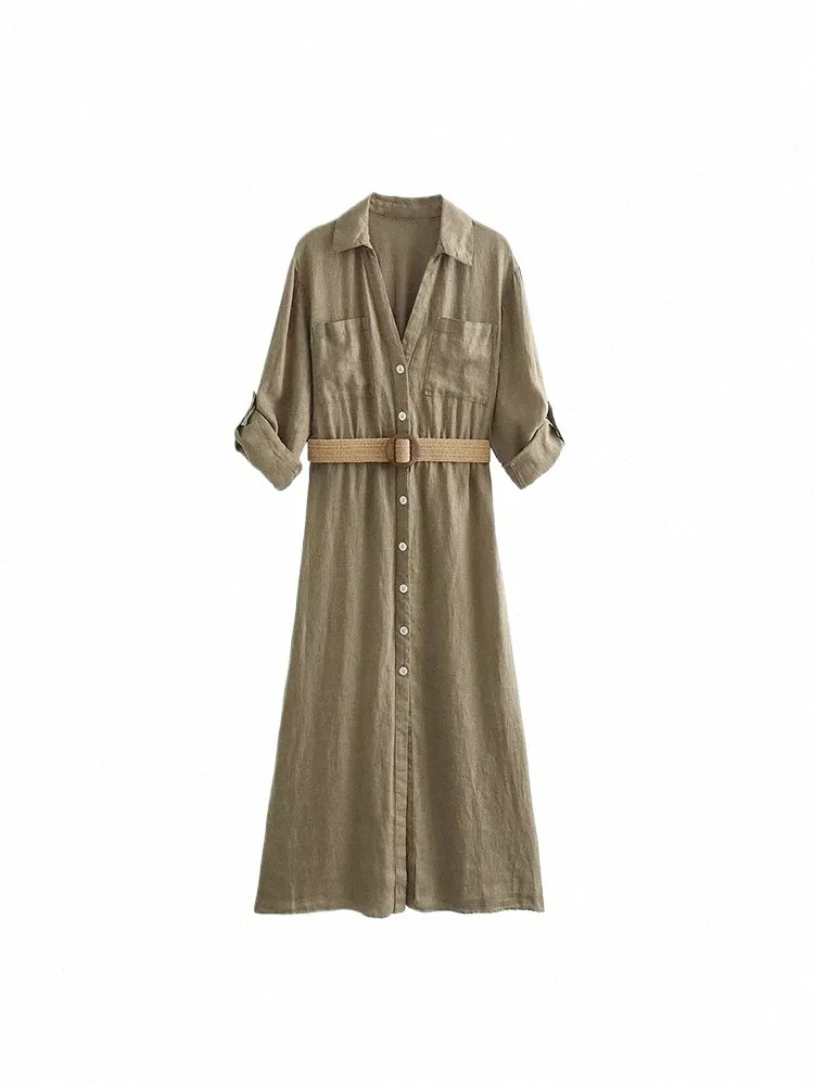 Khaki Midi Dress for Women with Belt and Turn-Up Sleeves, Office and Casual  Wear 2024 from Dhgate Basic & Casual Dresses - price 46.02