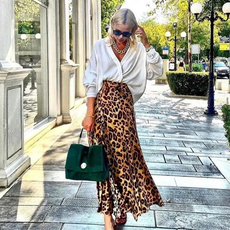Skirts High waisted Leopard Skirt Print Maxi High waist Flowy Hem With Belt Chic Commuting Style For Women Spring Summer