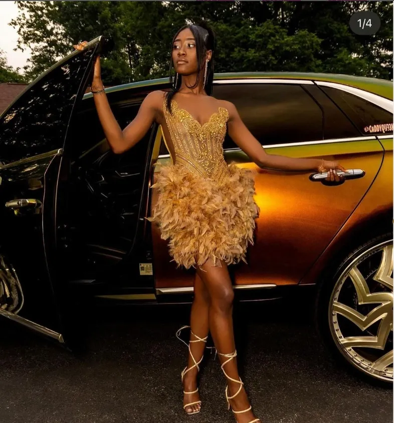 slim fit dress slacks Glitz & Glamour Gold Glitter Feather Mini Dress main image 0