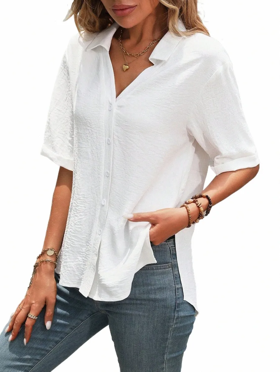 Women's Short-Sleeve White Button-Up Shirt: Elegant Versatile Casual  Summer Blouse
