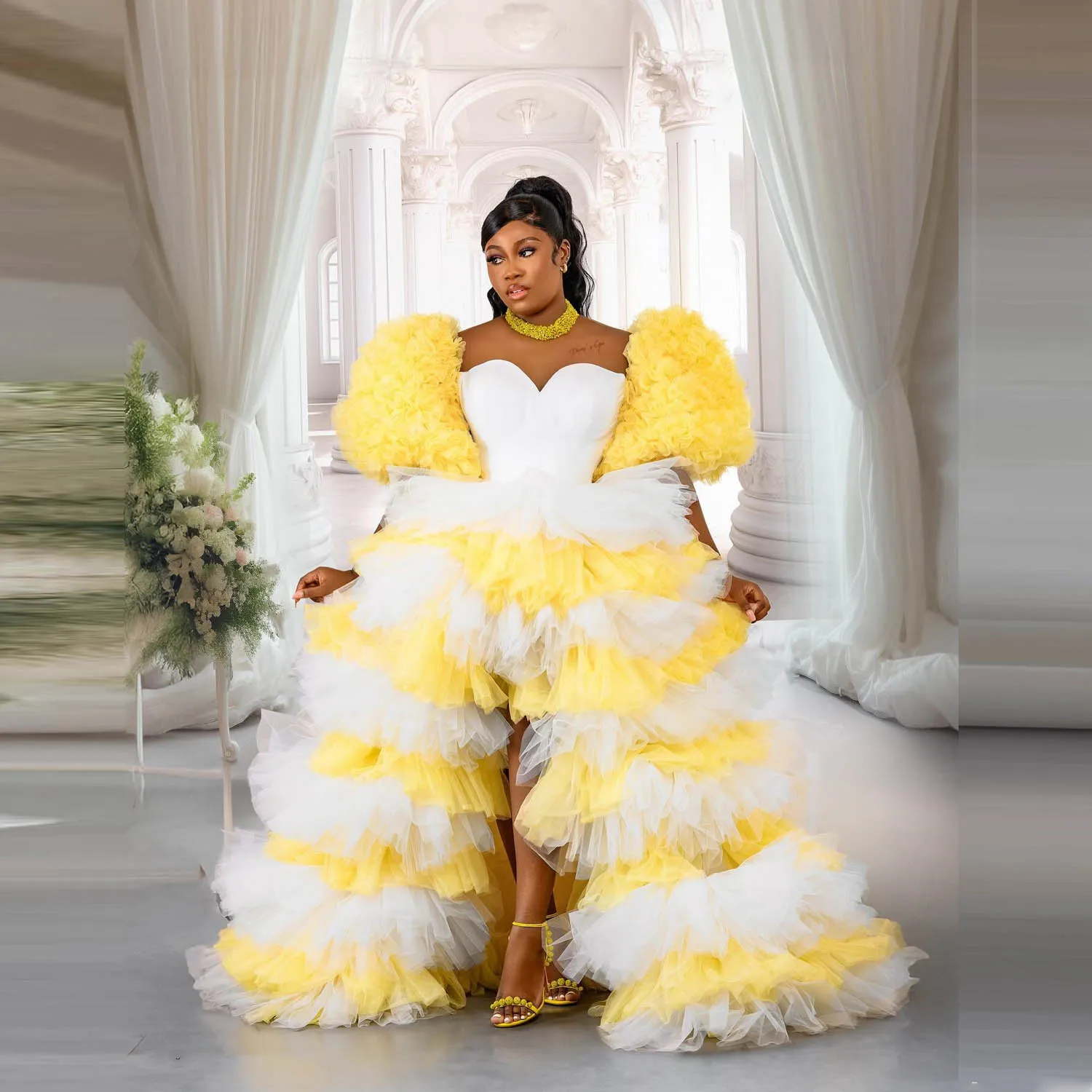 White and Yellow Ball Gown Prom Dress with Tiered Tulle, Short Sleeve,  Jewel Neckline, and Sweep Train from Dhgate Prom Dresses - price 155.18