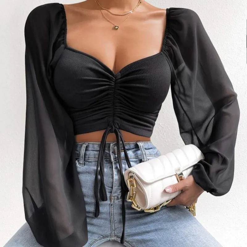 Mesh Lantern Sleeve Wrap Top: Sexy Drawstring Bare Midriff T-Shirt for Women