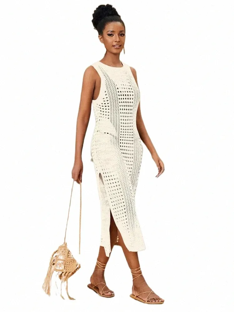 White Crochet Mesh Sleeve Slit Maxi Dress: Sexy Summer Hollow Out