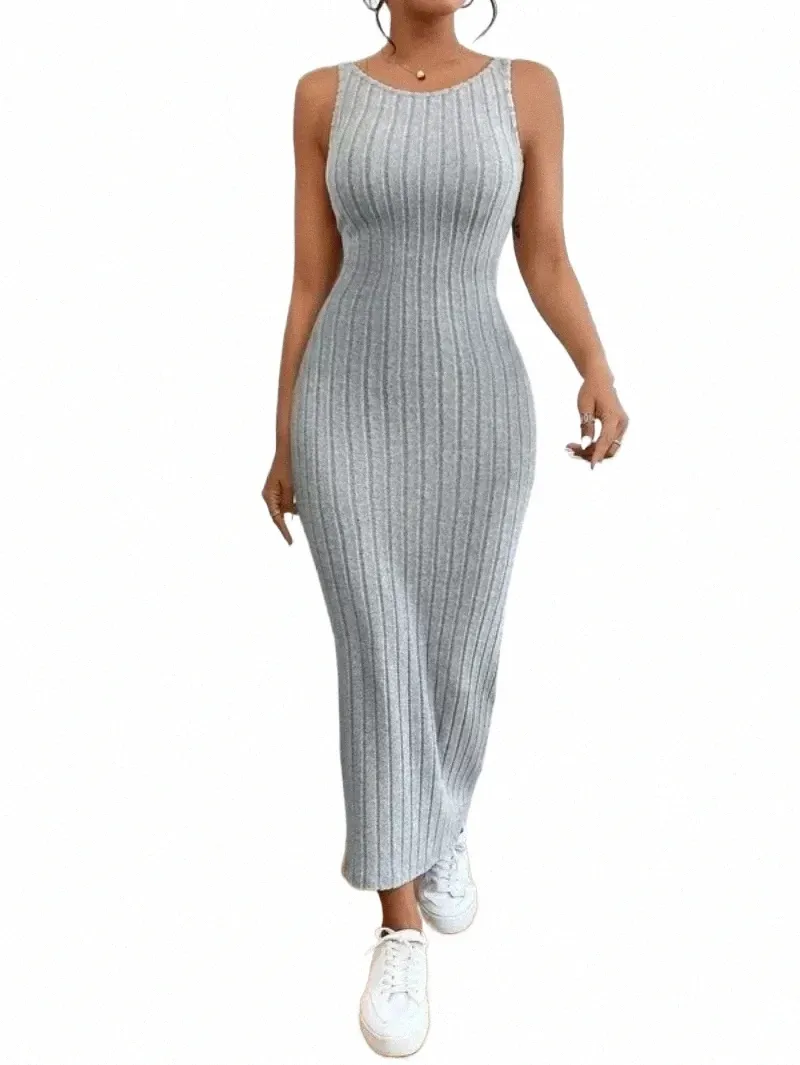 Women's Sleeveless Ribbed Knit Maxi Dress - Contrast Stitch Tank T-Shirt Dress For Summer, Beach, Casual