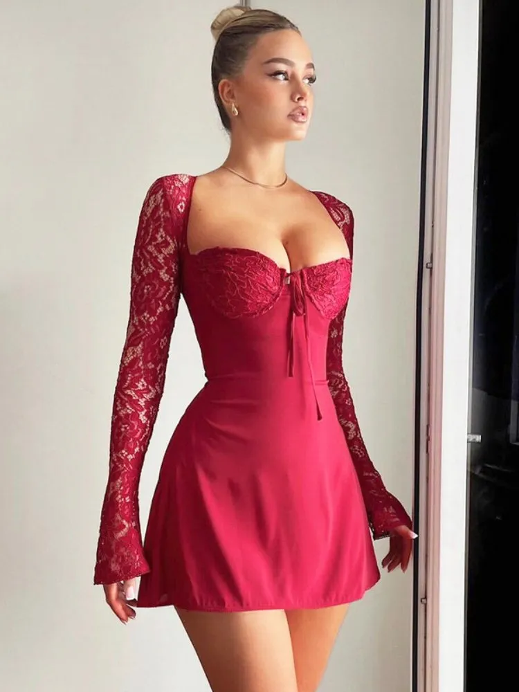 open lace back dress Women's Red Midi Dress Elegant Wedding Guest | Bow Dress main image 0