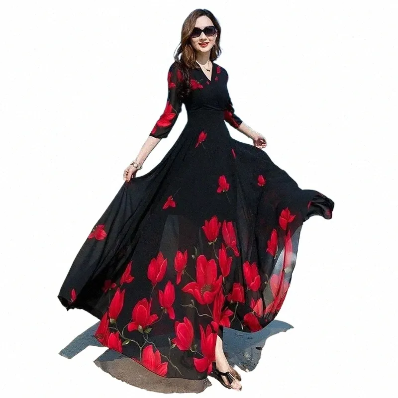 sachin and babi light blue dress Summer Korean V-Neck Printed Chiffon Women's Slim Oversize 4XL Short Sleeve  Floor-Length Dress