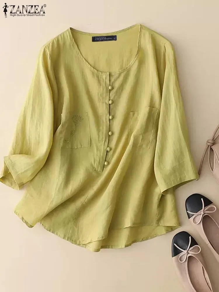 トップス used euro embroidery blouse Womens Solid Embroidery Blouse: Casual 3/4 Sleeve O-Neck