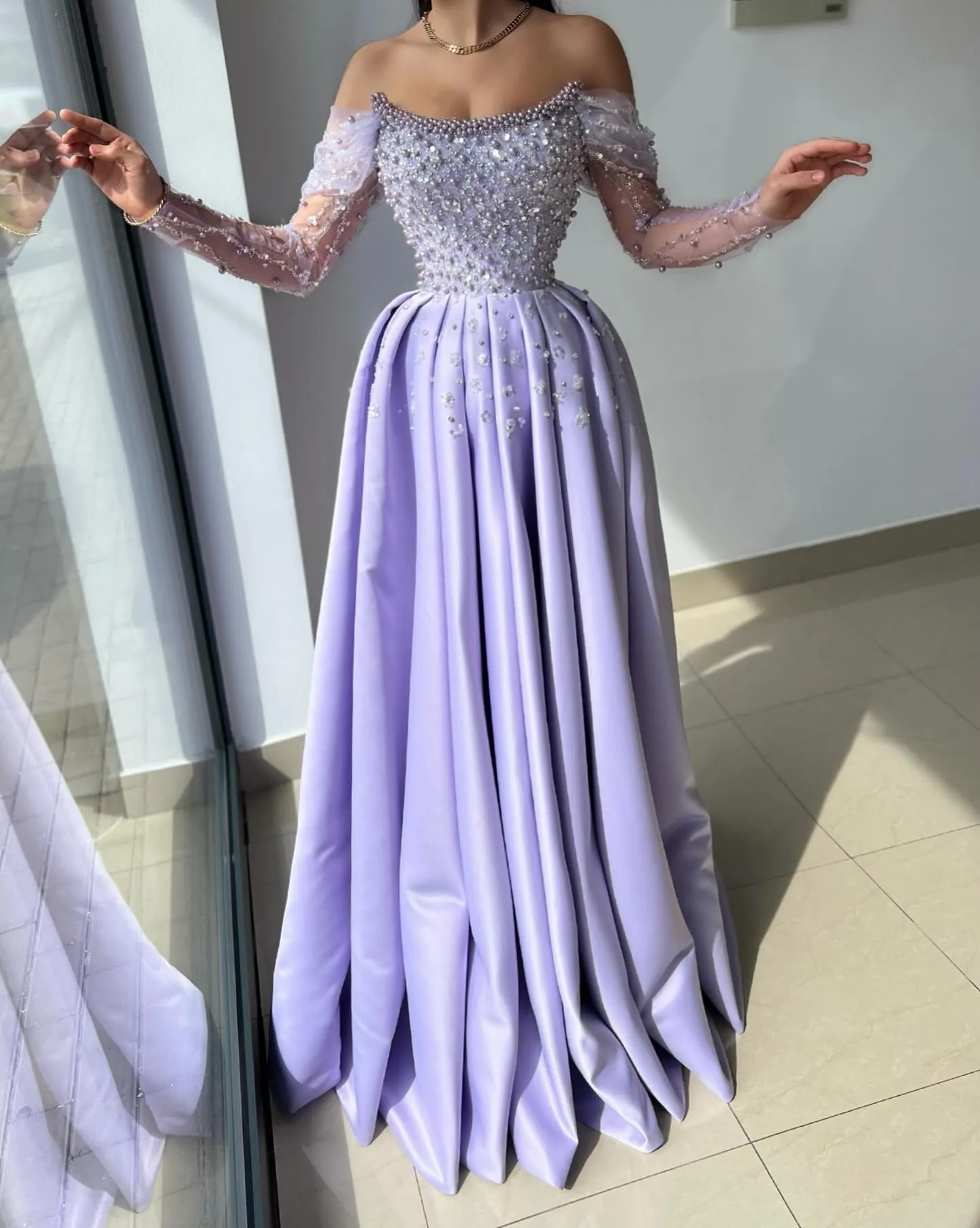 Lavender evening dress with pearls off shoulder and crystal beaded long  sleeves formal sweep train from Dhgate Evening Dresses - price 238.49