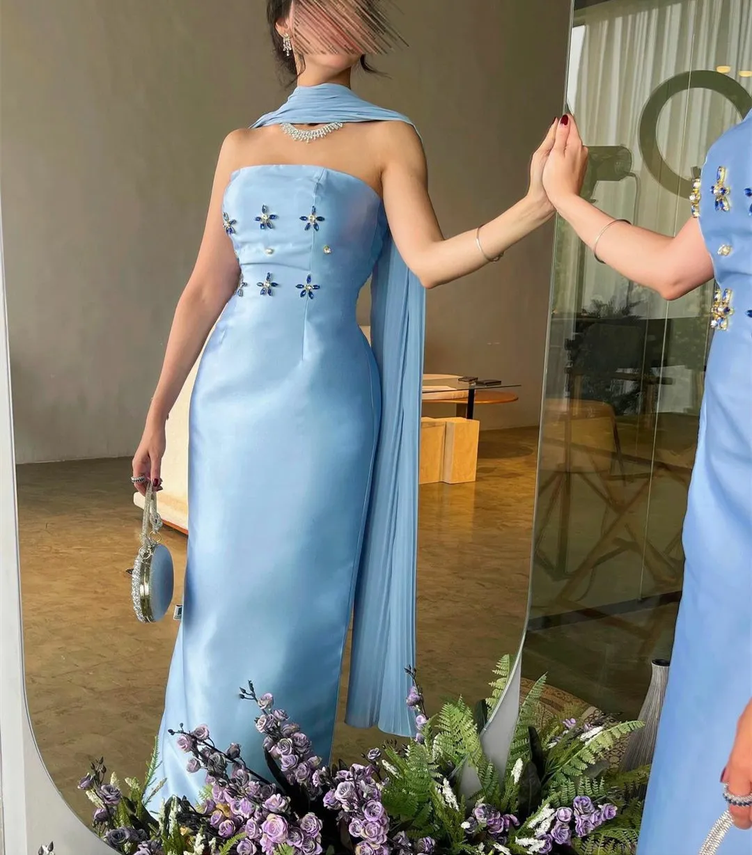 Long Blue Satin Evening Dress with Crystals and Scarf, Strapless Sheath  Floor-Length Formal Prom Dress for Women from Dhgate Evening Dresses -  price 116.58