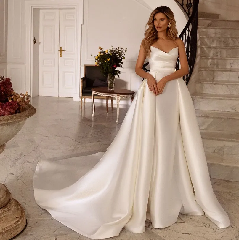 what did people dress like in the 2000s Modest Elegant Mermaid Off-the-Shoulder Satin Wedding Dress Simple Cas –  DorrisDress main image 1