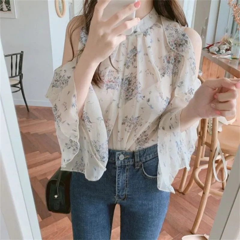 off the shoulder sheer chiffon blouse