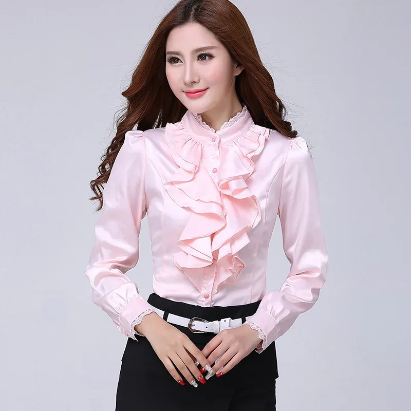 DHgate Elegant Ruffle Pink Casual Blouse Shirt for Women Office White Top Apparel