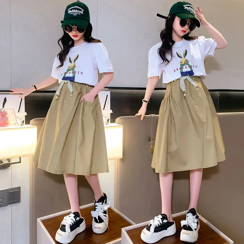 Korean Summer Rabbit T Shirt And Elastic Waist Preppy Skirts