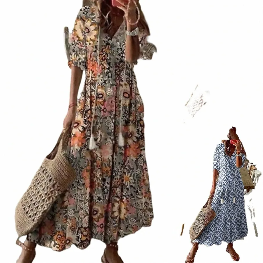 Women's Boho Tie Shoulder Maxi Dress - Floral Flowy Summer Sundress With Smocked Bodice