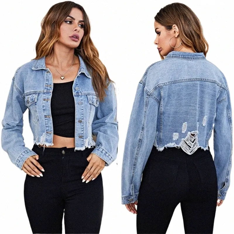 DHgate Ripped Denim Jacket for Women Stylish Slim Jean Jacket Long Sleeve Streetwear Coat for Spring and Fall Apparel