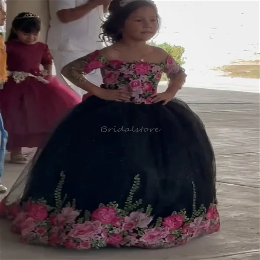 Black Embroidered Mexican Flower Tutu Dress - Elegant Kids Pageant Dress with Short Sleeves, Perfect for Birthday, Mariachi, Quinceanera