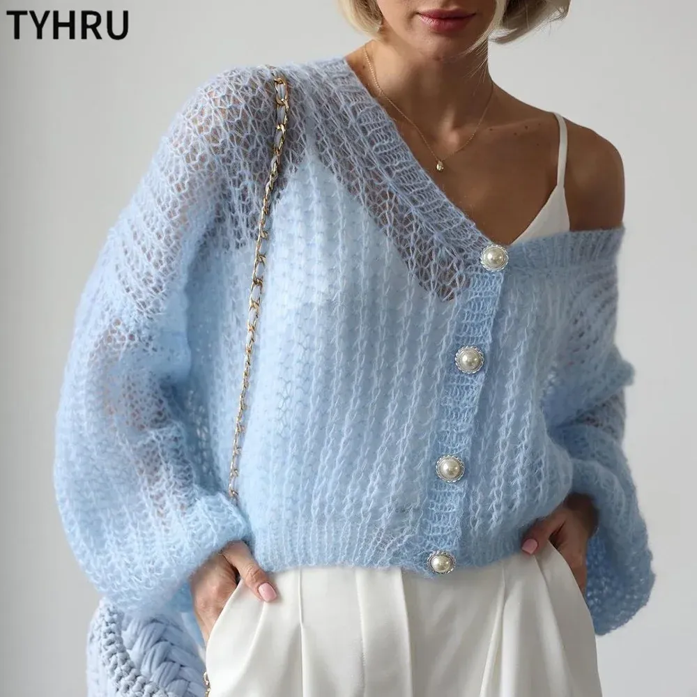 Womens Crochet Knitted Sheer Cardigan Sweater, Lightweight Open