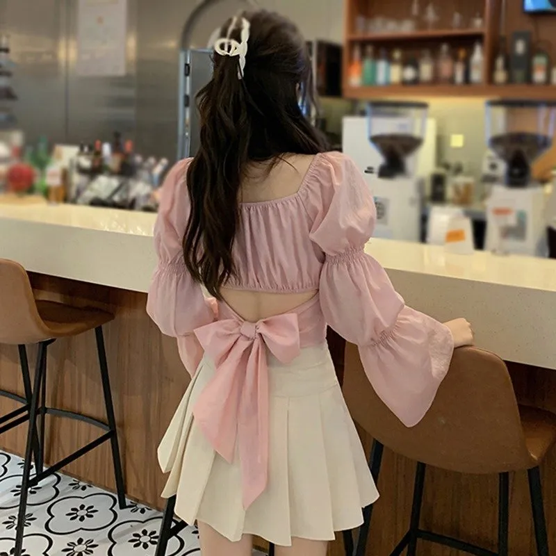 Elegant Hollow Back Lace-Up Puff Sleeve Crop Top from Dhgate
