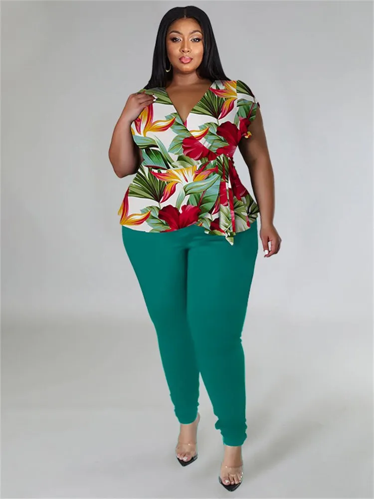 DHgate WMSTAR Trendy Plus Size 2 Piece Summer Outfits Printed Short Sleeve Tops Solid Leggings Wholesale Apparel