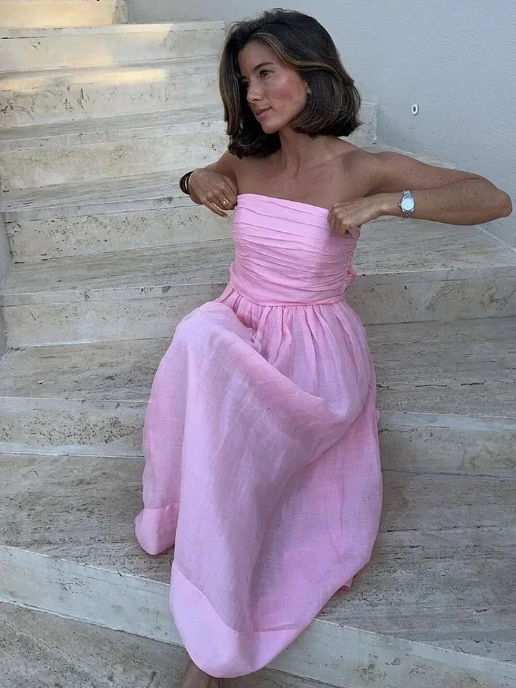 Save Big on Bulk Pink Strapless Maxi Dresses Strapless Sun Dress: Elegant  Pink Cotton Linen Maxi Dress, Fashionable Backless Sleeveless Pleated  Design