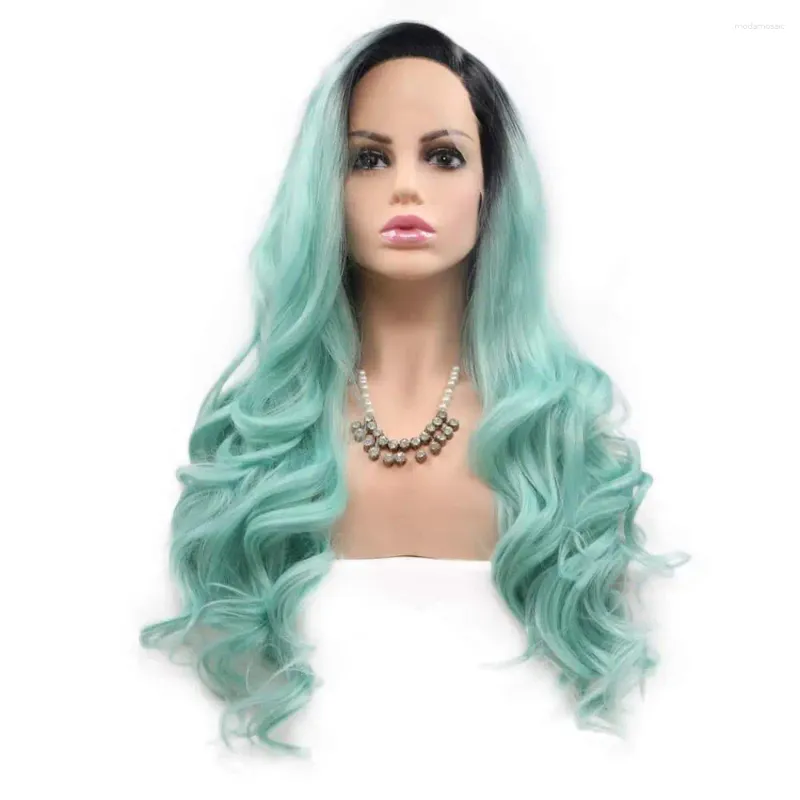 Mint Green Lace Front Wig With Black Roots Ombre Synthetic  display picture 1