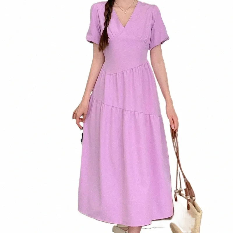 Womens Purple Chiffon Midi Dress with V-Neck, Ruched Puff Short Sleeves,  Natural Waist, and A-Line Silhouette from Dhgate Urban Sexy Dresses - price  29.3