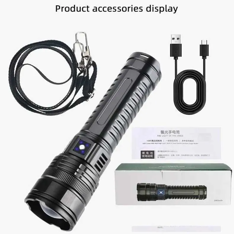 10000000LM Super Bright Torch 1500W High Power LED Flashlight USB Rechargeable Lamp Outdoor