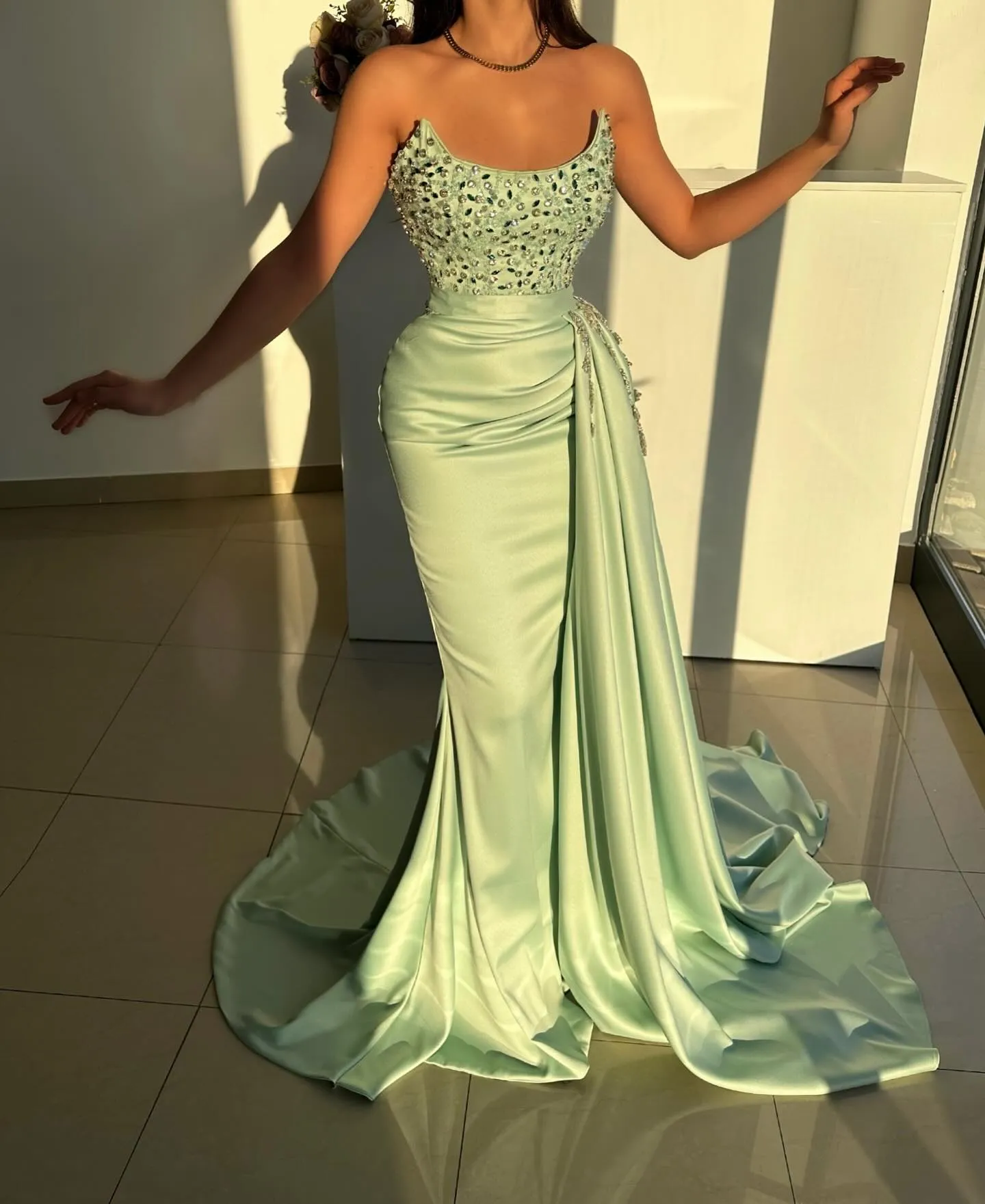 Light Green Mermaid Evening Dress with Rhinestones Strapless Side Train Formal  Dress for Women from Dhgate Evening Dresses - price 197.37