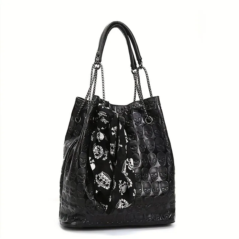Gothic Skull Print Hobo Bag Punk Scarf Decor Tote Bag Womens Trendy Handbag Shoulder Bag Crossbody Clutch Purse P9dZ From 23 02 DHgate