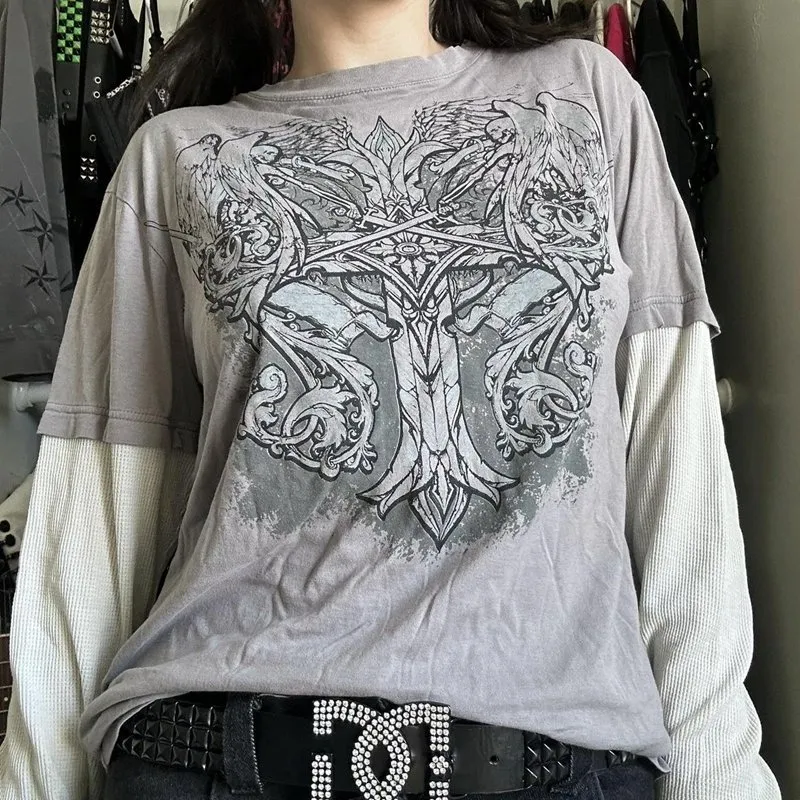 DHgate.com:Y2K Cyber Grunge Cross-Print T-shirt: Retro DHgate.com:Y2K Cyber Grunge Cross-Print T-shirt: Retro