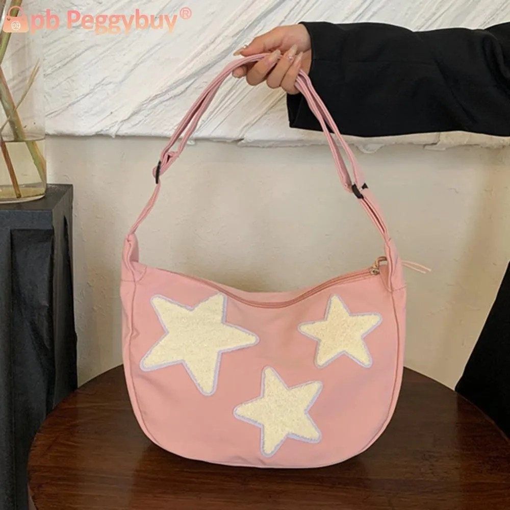 2024Canvas Star Shoulder Bag Adjustable Pentagram Satchel Bag with Zipper Versatile Tote Bag for Women and Students