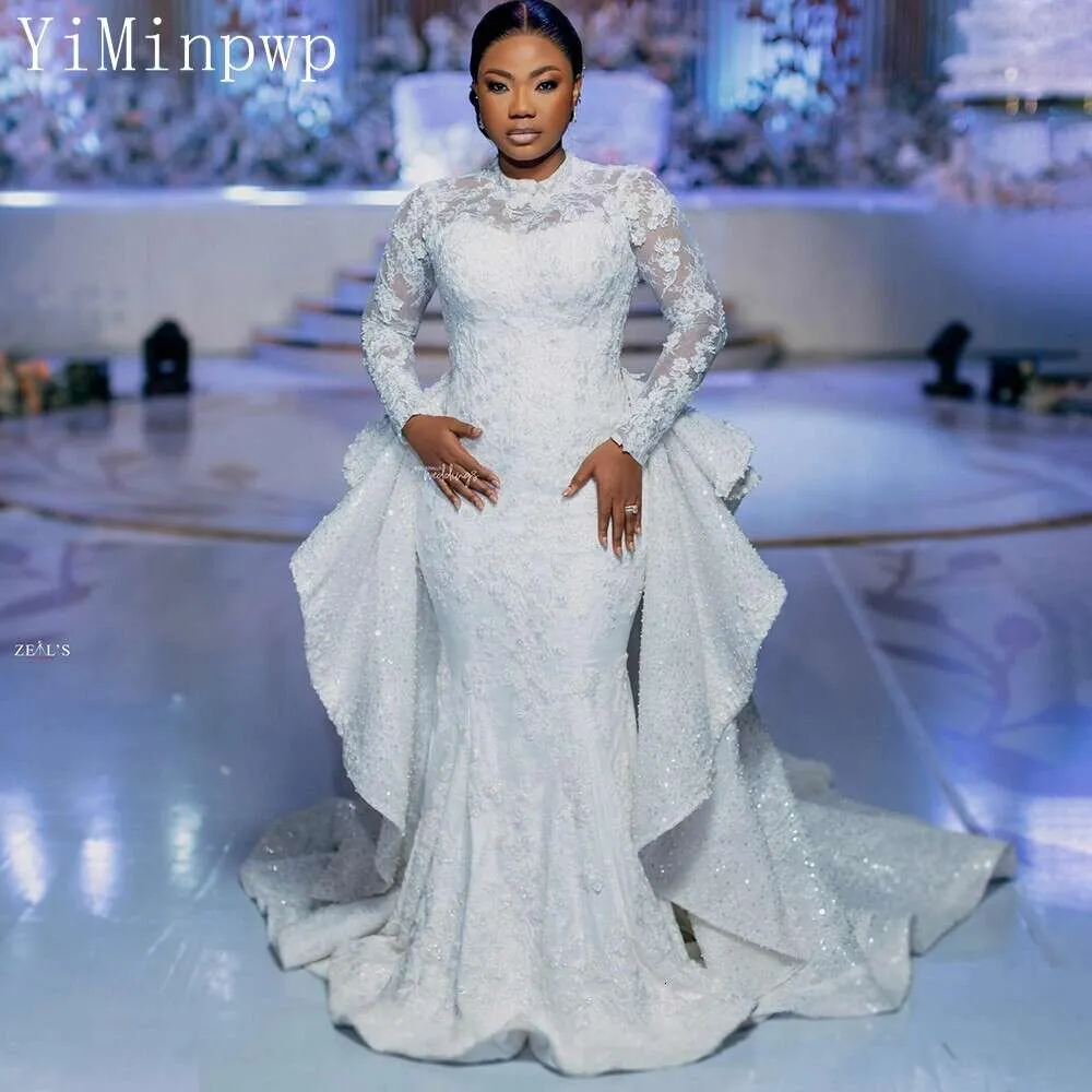 Elegant Lace Sequin Nigerian Mermaid Wedding Dress with Detachable O-Neck and Sweep Train Elegant Lace Sequin Nigerian Mermaid Wedding Dress with Detachable O-Neck and Sweep Train