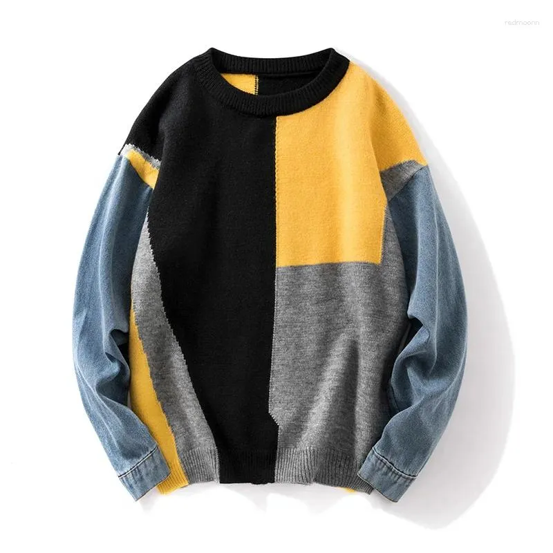Plus Size Mens Denim Color Block Sweater With Patchwork Design  