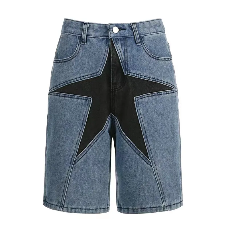 【KOOLOSET】Vintage Star Patch Bermuda Denim Vintage Streetwear Womens Knee Length Denim Shorts With