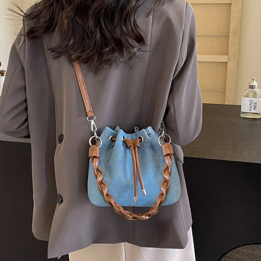 Denim Bucket Crossbody Bag - Mini Quilted Drawstring  display picture 3