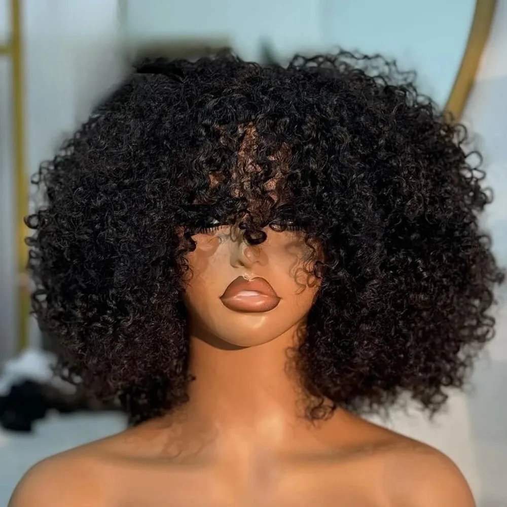Fluffy Afro Kinky Curly Human Hair Wigs Short Bob With Thick Bangs, 180% Density Full Machine Made For Black Women From Piao007, $41.42