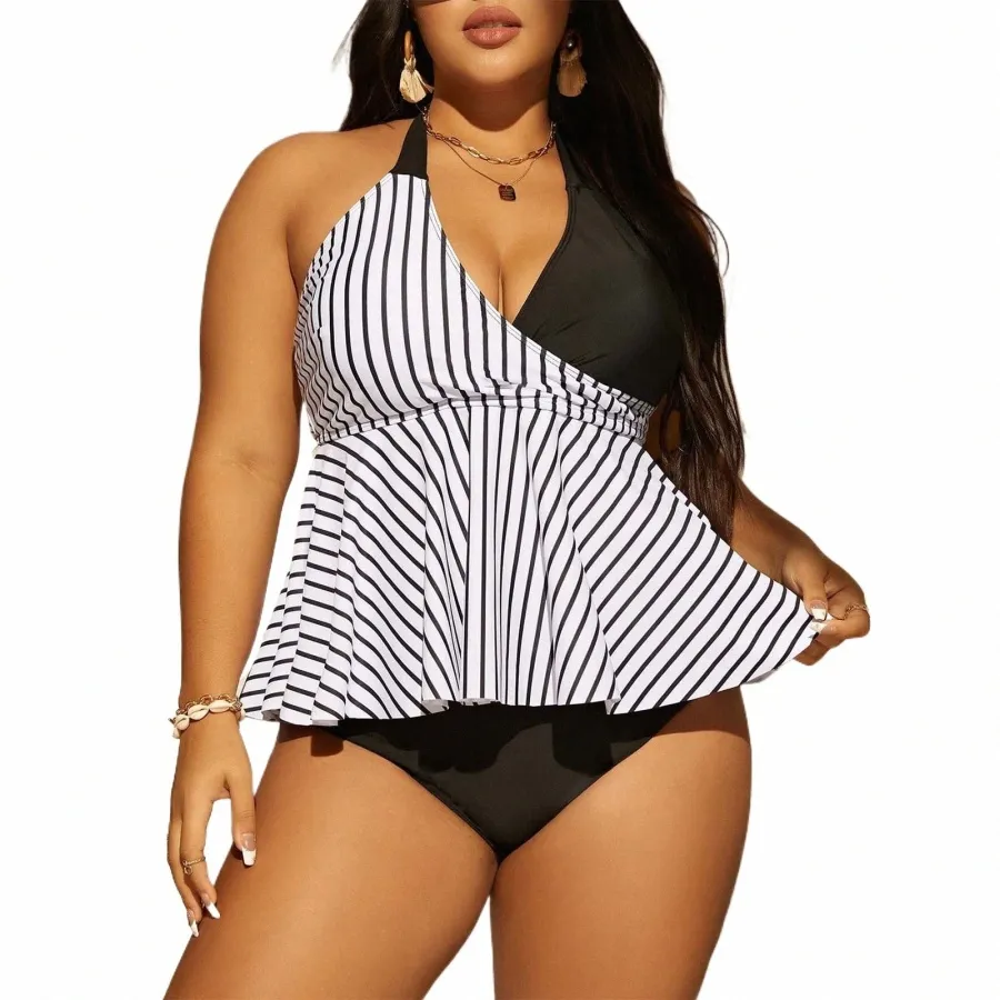 DHgate Plus Size Striped Bikini Set High Waisted Swimwear for Women Apparel