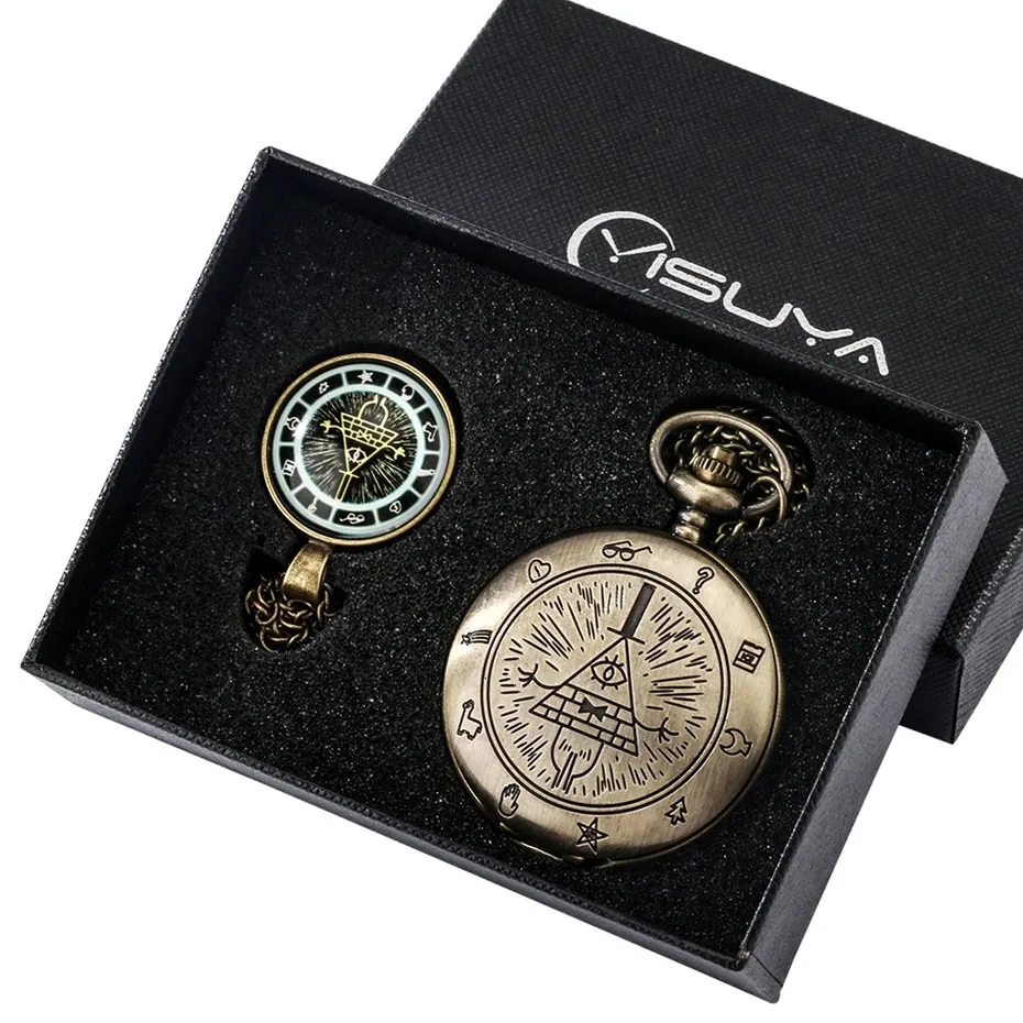 DHgate Gravity Falls Bill Cipher Fall Time Gem Pocket Watch with Pendant Necklace Set Watches