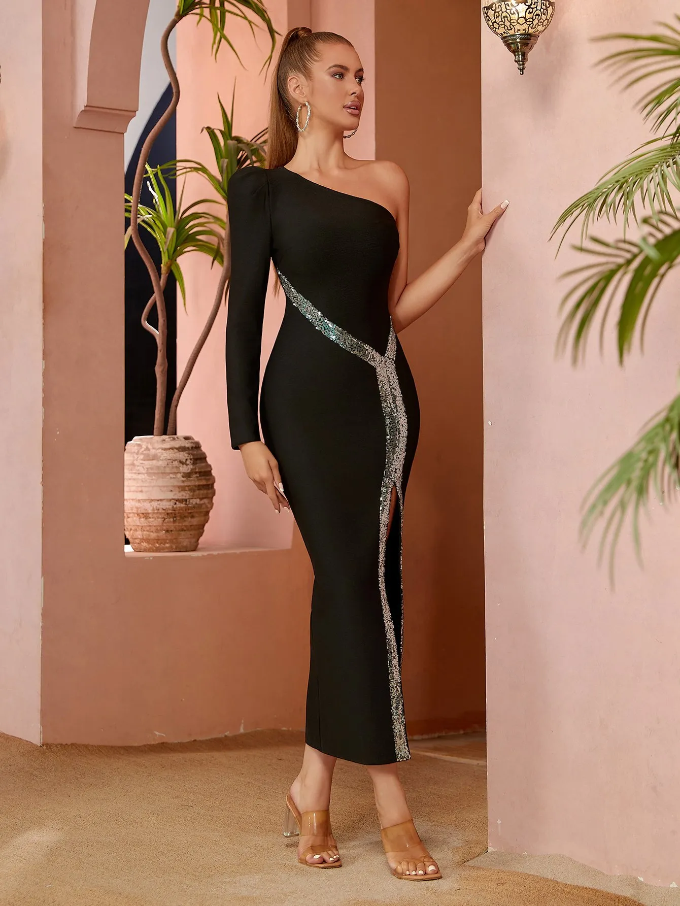 open lace back dress One Shoulder Sequin Long Sleeve Midi Dress