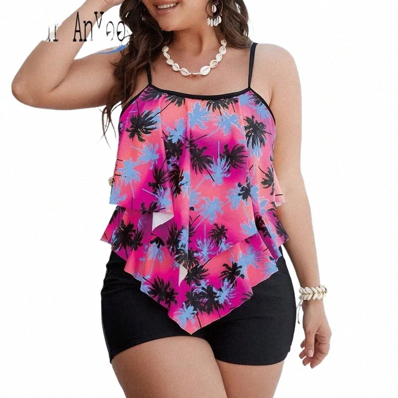 Plus Size Ruffled Tankini Swimsuit for Women: Printed Modest
