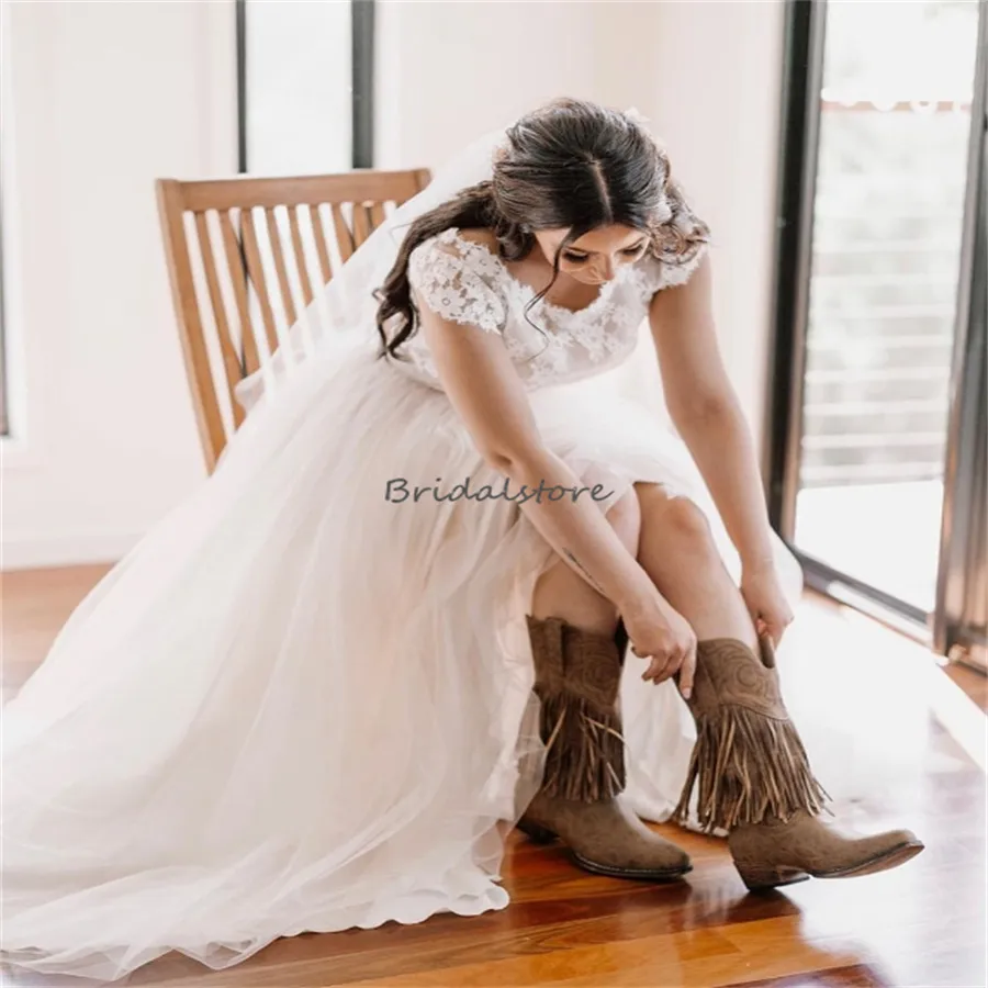 Elegant Two Piece Lace Wedding Dress 2024 Cap Sleeve Tulle Bridal Gown Bohemian Country Style Sweep Train From Bridalstore 93.3 DHgate.Com