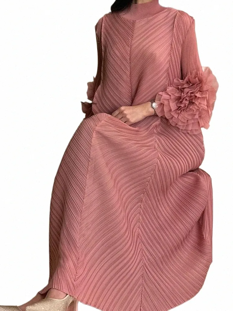 Miyake Pleated Maxi Dress: Breathable Mesh, Petal Sleeves, Half-Turtleneck,  Formal Office Wear for Women