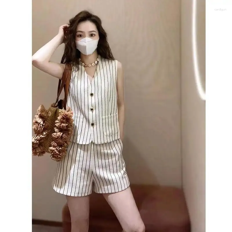 Women s Tracksuits Summer Fashion Women Suit Sleeveless Striped Vest High Waist Shorts End Commuting Casual Two Piece Sets Outfits