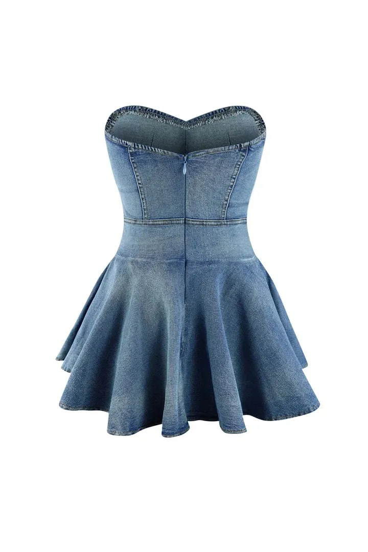 fairy blue dress Strapless High Slit Denim Dress-Stone Wash S main image 0