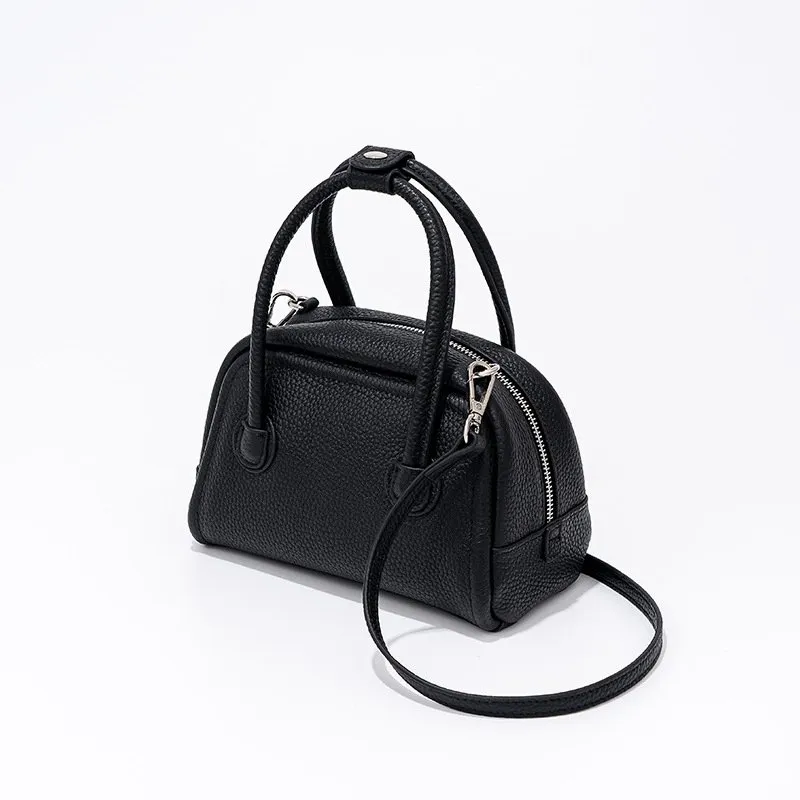 Ladies Mini Boston Leather Crossbody Bag with Zipper and Lock