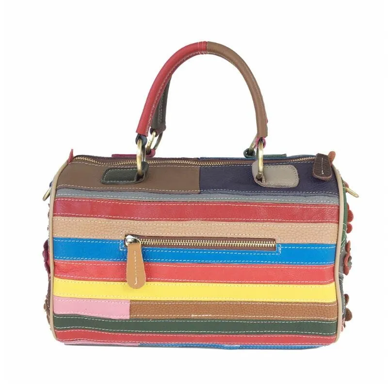 Stylish Patchwork Leather Tote Bag - Colorful Floral Shoulder Bag
