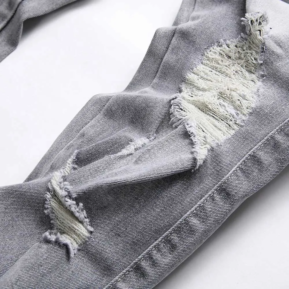Jeans da uomo in denim grigio con ricamo serpente, streetwear, pantaloni elasticizzati Ditreed strappati e sottili, dritti e ricamati_voghion.com