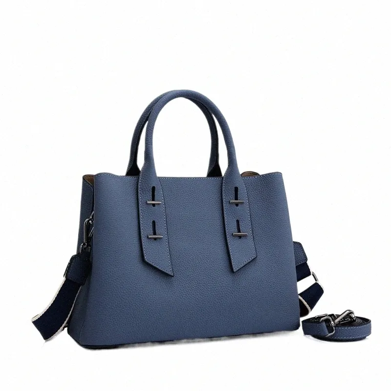 Exquisite 100 Cowhide Leather Work Tote for Women Blue Elegance